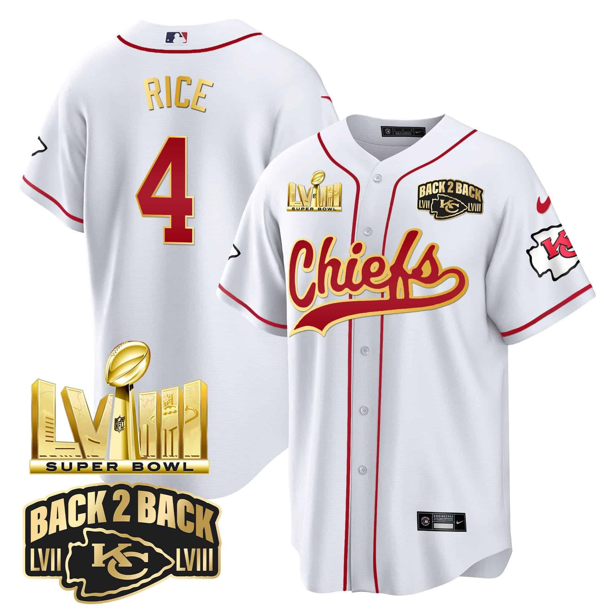 Men Kansas City Chiefs #4 Rice White 2024 Nike Super Bowl LVIII Back-2-Back Gold Patch Baseball NFL Jersey->indianapolis colts->NFL Jersey